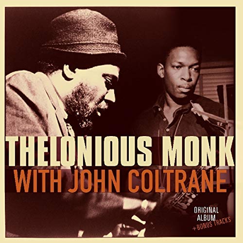 Thelonious Monk and John Coltrane album cover, sepia toned, with text overlay.