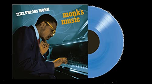 Thelonious Monk album cover and solid blue vinyl record shown.