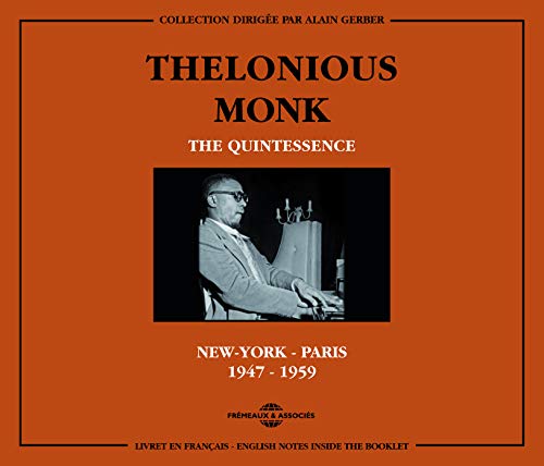 Thelonious Monk album cover: orange background, black and white photo of Monk at piano.