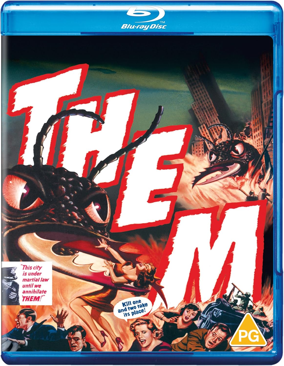 Blu-ray cover for 1954 sci-fi film "Them!" featuring giant ants and people.