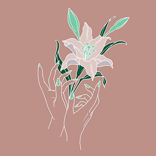 Line drawing of hands holding a lily flower, pale pink background.