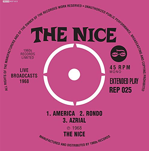 Pink vinyl EP label for The Nice’s “Live Broadcasts 1968” with tracklist.