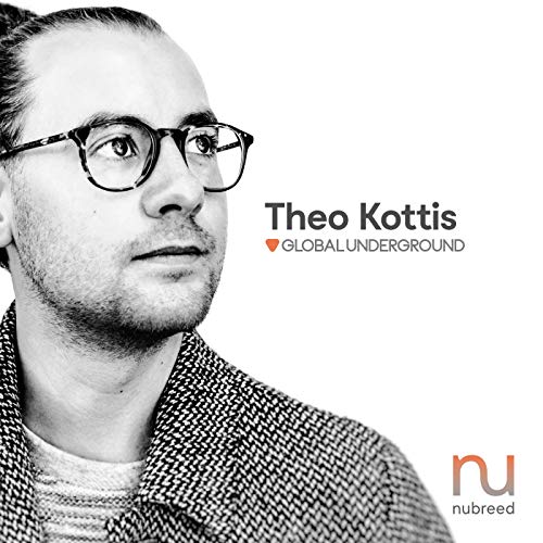 Black and white CD cover featuring a person with glasses, titled "Theo Kottis - Global Underground."