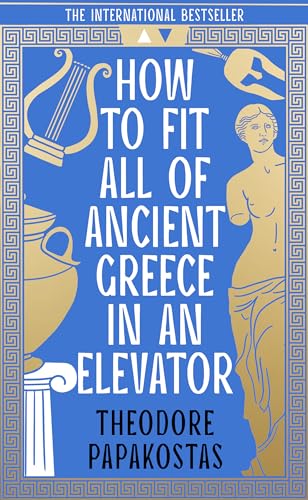 Book cover with gold illustrations of Greek artifacts on a blue background.