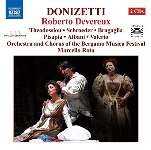 CD cover for Donizetti’s “Roberto Devereux” opera with stage performers.