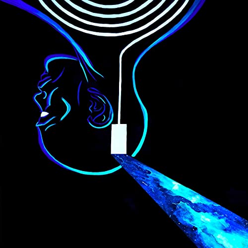 Blue neon line art of a face with a galactic stream.