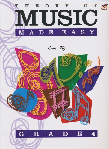 Book cover: "Theory of Music Made Easy Grade 4" with colorful abstract design.
