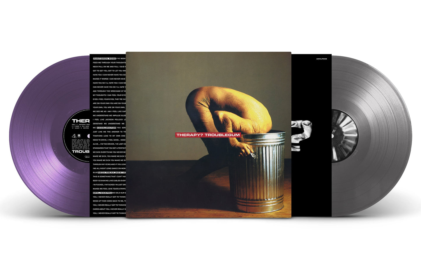 Two purple vinyl records with album cover featuring a person and trashcan.