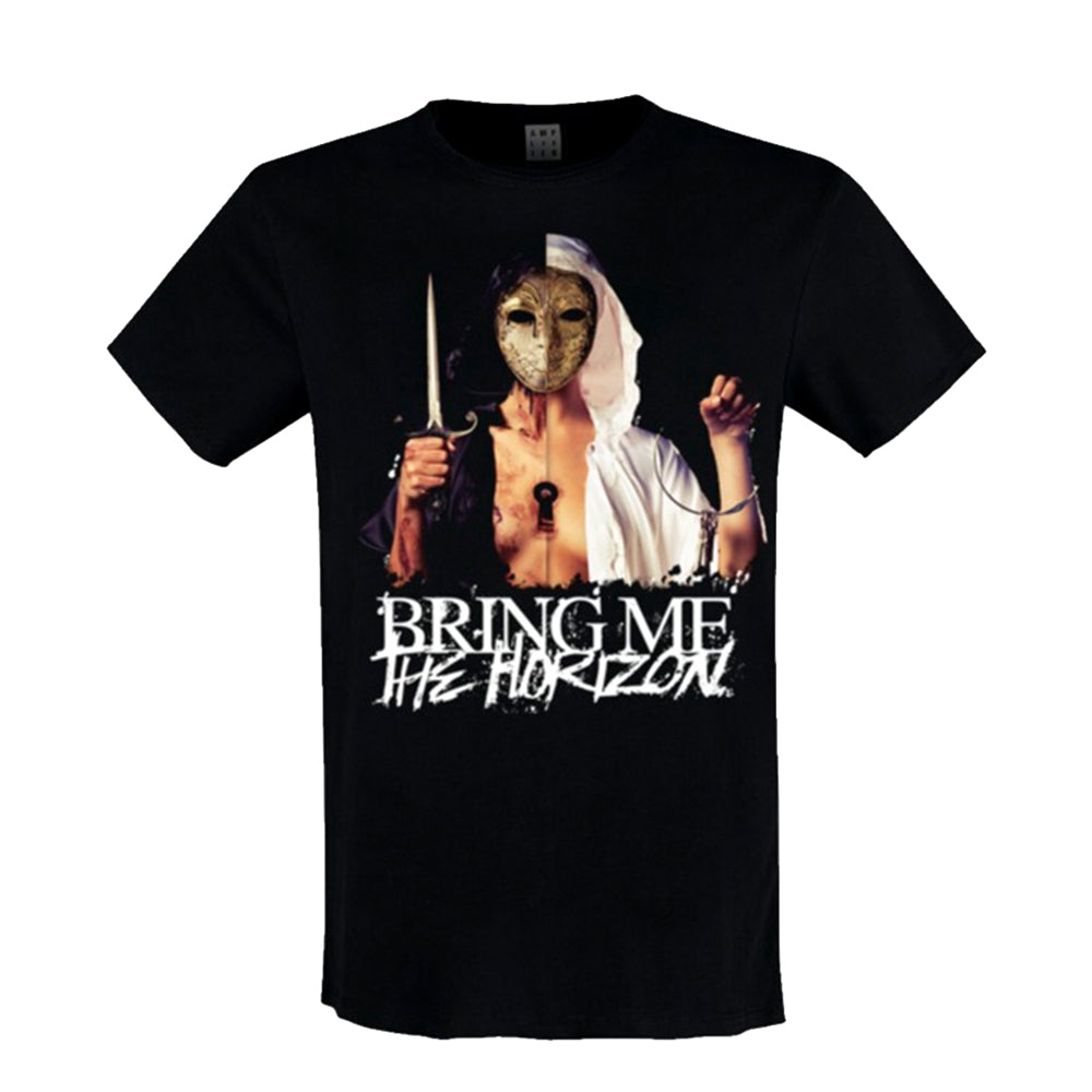 Black t-shirt with a masked figure and band name "Bring Me The Horizon".