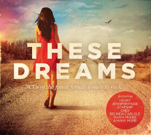 CD cover: woman in red dress, text “These Dreams”, rural landscape.