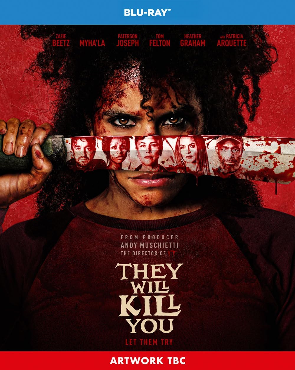 Blu-ray cover for horror film "They Will Kill You" with a knife and faces.