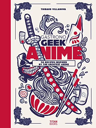 Anime cookbook cover with illustrations of swords, noodles, and a kitsune mask.