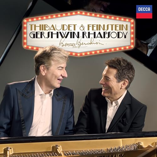 Two smiling men, Thibaudet & Feinstein, with a piano and “Gershwin Rhapsody” text.