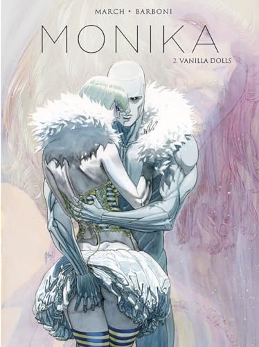 Comic book cover: pale figures embrace, feathers, and title “Monika”.