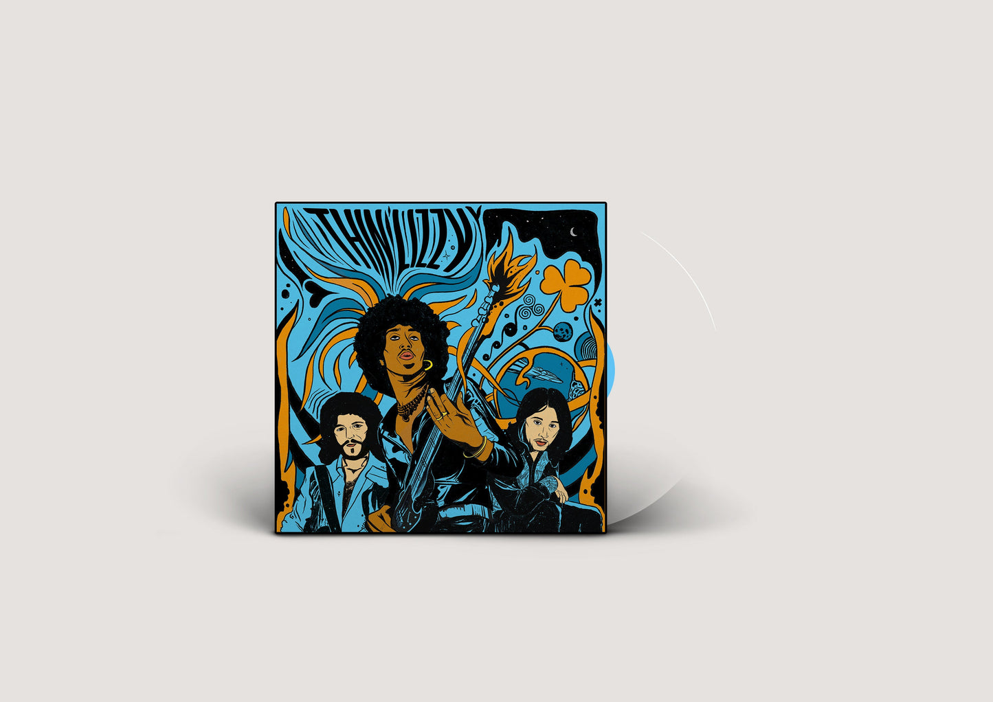 Thin Lizzy album cover featuring band members in illustrated style.