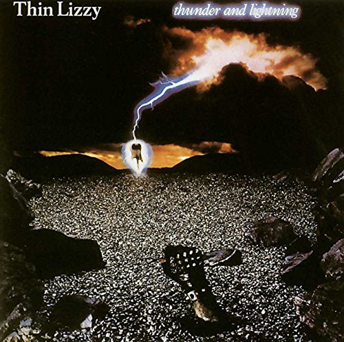 Album cover: dark landscape with lightning striking a figure.