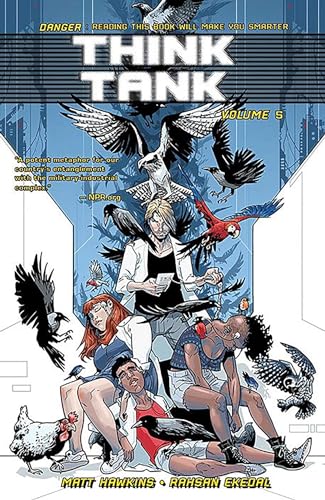 Comic book cover: people surrounded by various birds in a cityscape.