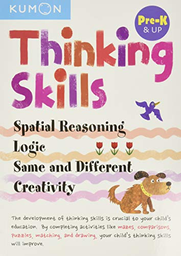 Kumon Thinking Skills Pre-K & Up workbook cover with colorful text and animal illustrations.