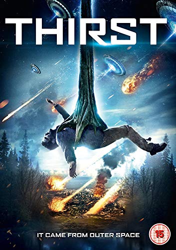 DVD cover for "Thirst" depicting a falling figure amidst alien invasion.
