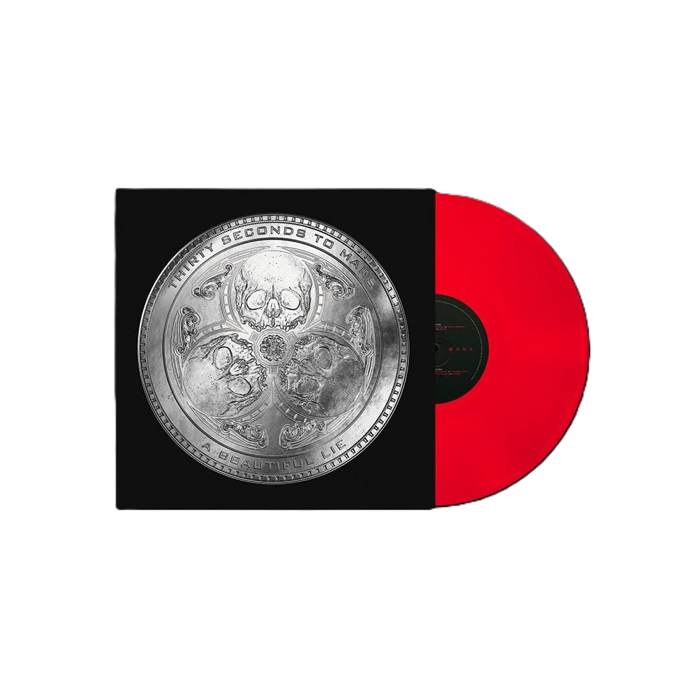 Black vinyl record jacket with silver skull emblem next to a red vinyl disc.