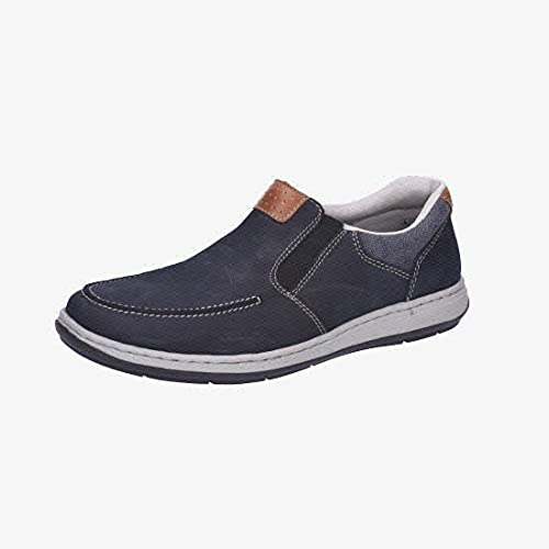 Dark blue casual slip-on shoe with a white sole, side view.