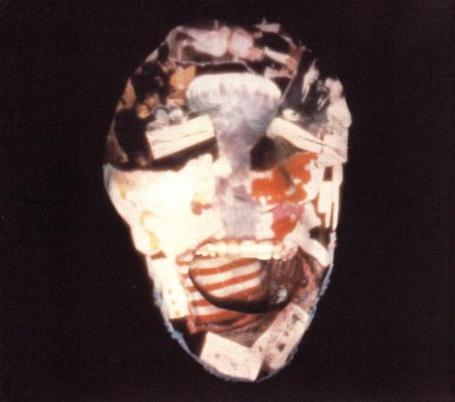 A collage forming a human face against a solid black background.