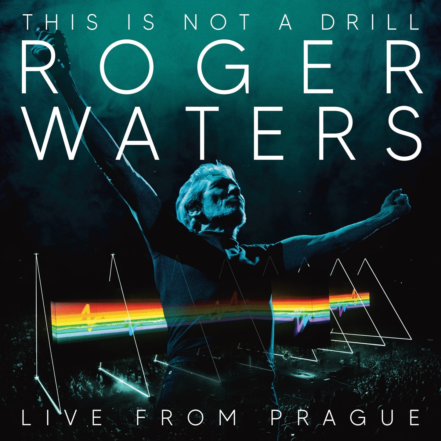 Roger Waters on stage with arms raised, lit in blue with a rainbow prism graphic.