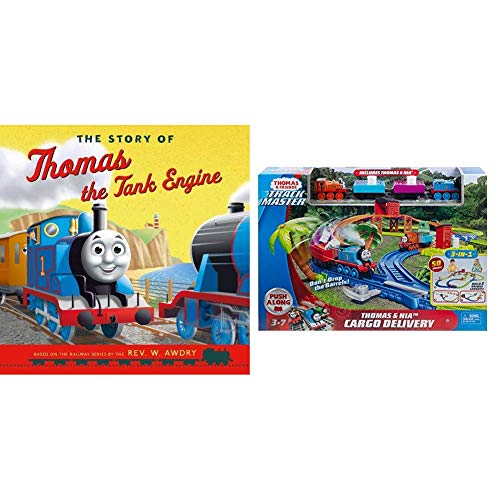 Thomas the Tank Engine book and a track playset with trains.