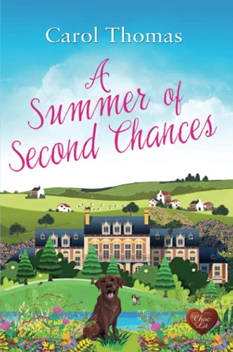 Book cover: manor house, dog, floral foreground, pink title text.