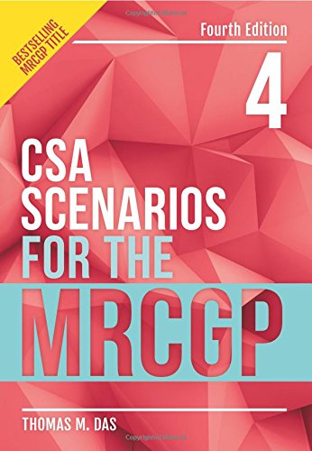 Book cover: "CSA Scenarios for the MRCGP, 4th edition" with geometric design.