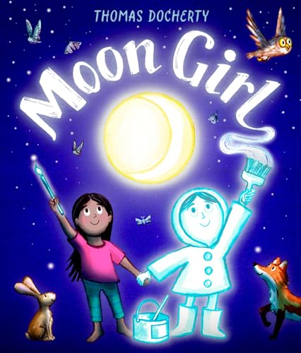 A girl and a glowing moon figure paint the night sky under a crescent moon.