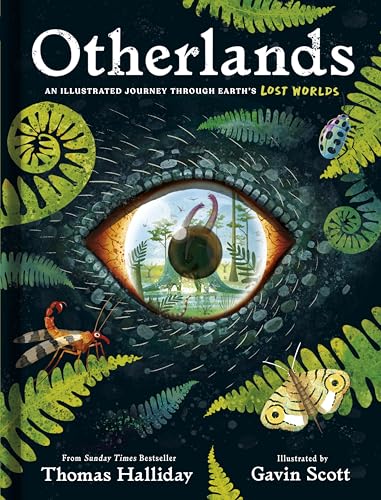 Book cover with an eye containing a prehistoric landscape illustration.