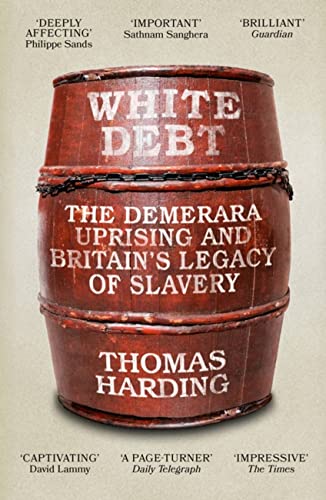 Book cover: "White Debt" depicting stacked wooden barrels and chains.