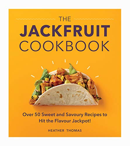 Orange cookbook cover with jackfruit taco image and bold title text.