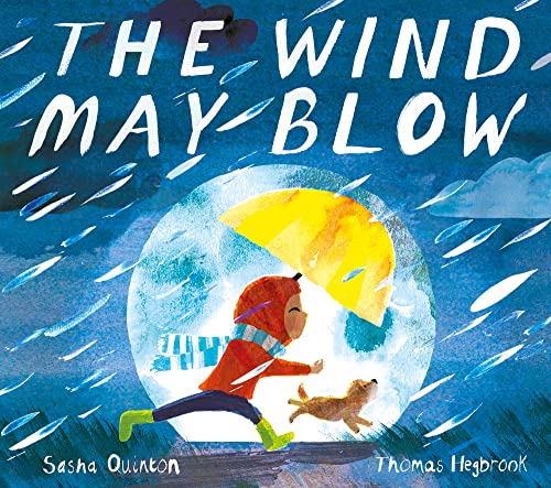 A child with a yellow umbrella and a small dog walking in the rain.