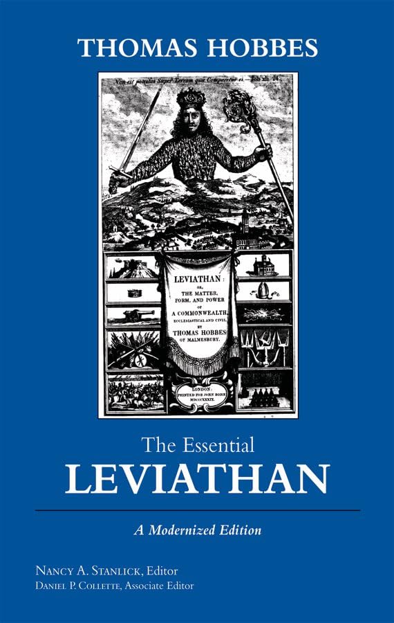 Book cover: āThe Essential Leviathanā by Thomas Hobbes, featuring a detailed illustration.