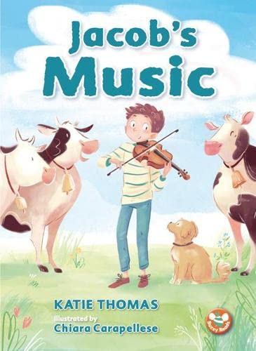 Book cover: boy playing violin with cows and a dog in a field.