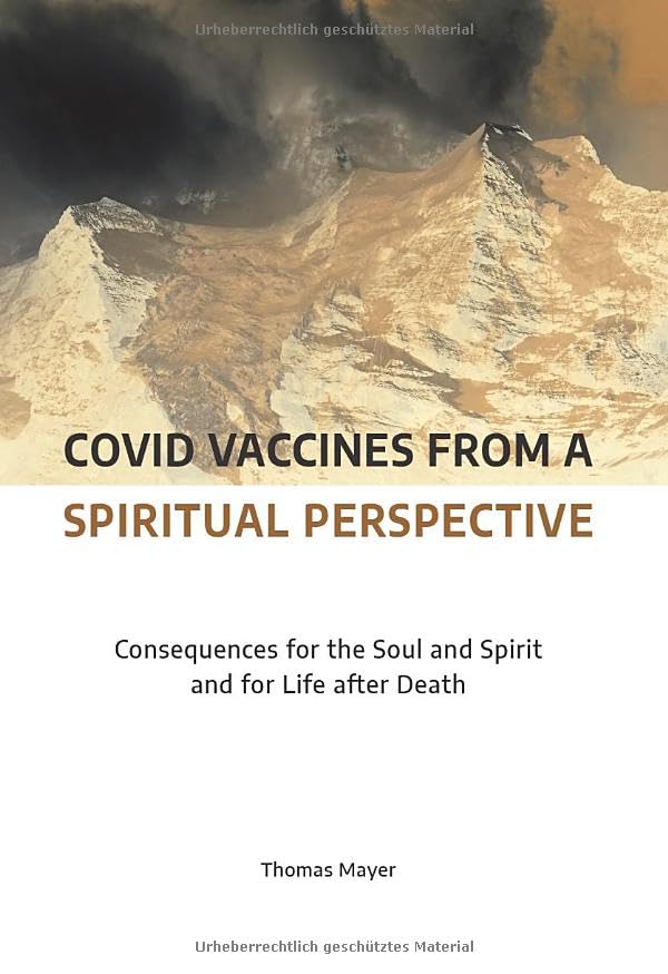 Book cover with mountain image and text about Covid vaccines and spirituality.