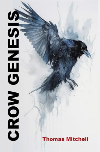Book cover: watercolor painting of a crow in flight, titled "Crow Genesis".