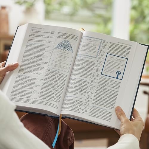 Open Bible with detailed text and annotations, held by two hands.