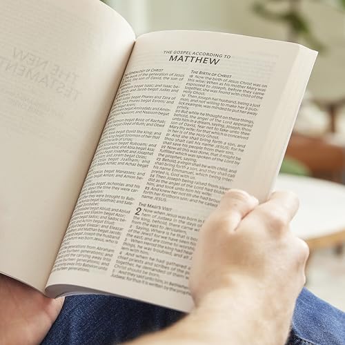 Open New Testament Bible displaying the Gospel of Matthew, large print.