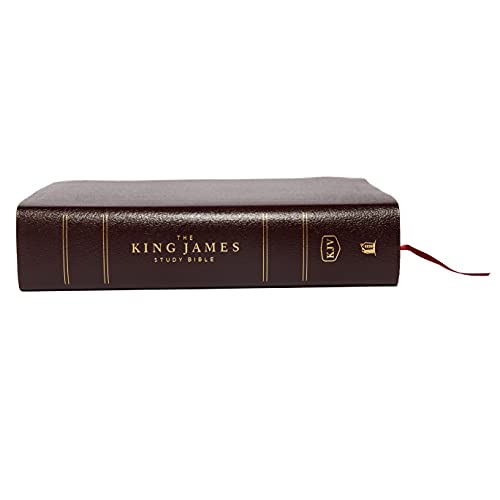 Burgundy bonded leather King James Study Bible, closed with red ribbon marker.