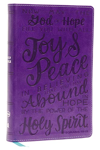 Purple leathersoft Bible with embossed scripture text and gold-edged pages.