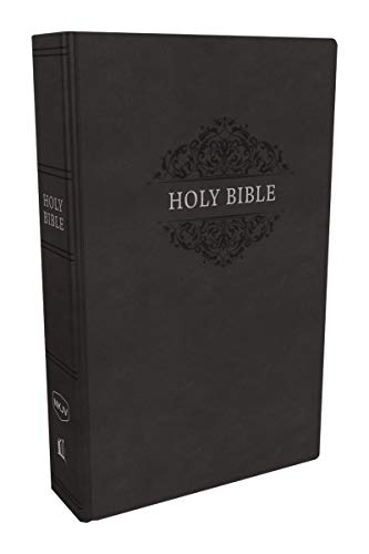 Black imitation leather Holy Bible with silver text and decorative filigree on the cover.