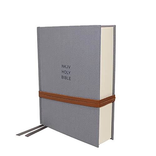 Gray cloth-bound Bible with a ribbon bookmark and elastic band closure.