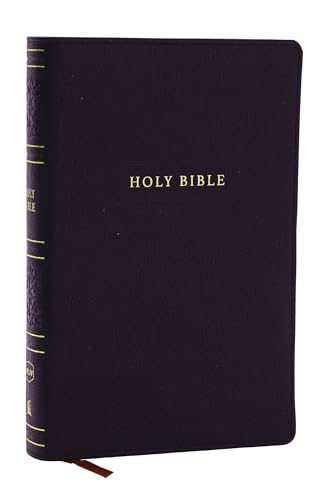Purple leather-bound Bible with gold lettering reading “HOLY BIBLE”.