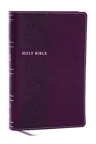 Purple leather-bound Bible with “HOLY BIBLE” text and floral design.
