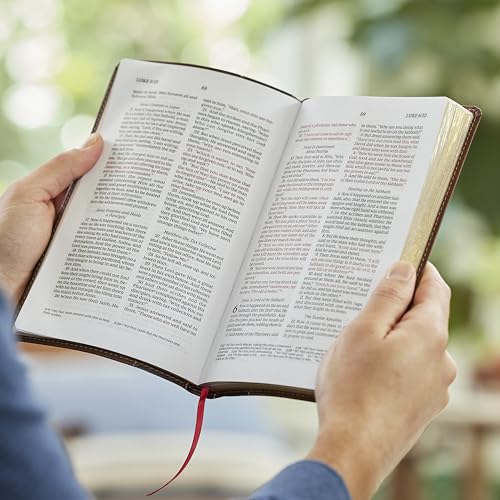 Open New Testament with red lettering, held in two hands.