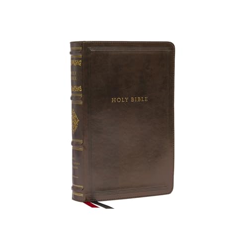 Brown leather-look Bible with gold edging and a red ribbon bookmark.