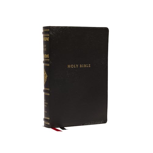 Black genuine leather Holy Bible with gold lettering and a red ribbon bookmark.